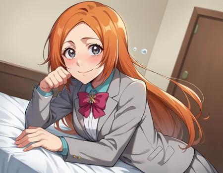 score_9, score_8_up, score_7_up, source_anime, 
inoueorihime, <lora:inoue-orihime-ponyxl-lora-nochekaiser:1>, 
inoue orihime, long hair, orange hair, grey eyes, smile, 
skirt, bow, school uniform, jacket, blazer, grey jacket, 
indoors, bed, bed room, on side, blush, drunk,
looking at viewer, cowboy shot, dutch angle, dynamic pose,