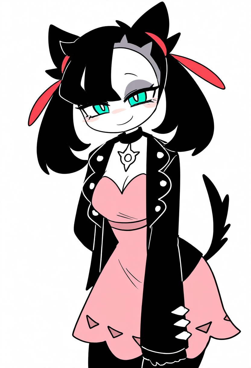 masterpiece, best quality, medium breasts, (curvy),   BREAK, zzMarnie, aqua eyes, black choker, red ribbon, pink dress, jewelry, black jacket, open clothes, long sleeves, <lora:MarniePokemon_NAI_v2:1.0>,smile, looking at viewer, cowboy shot,  leaning forward, head tilt,  <lora:ToonCAT_NAI:0.8>,