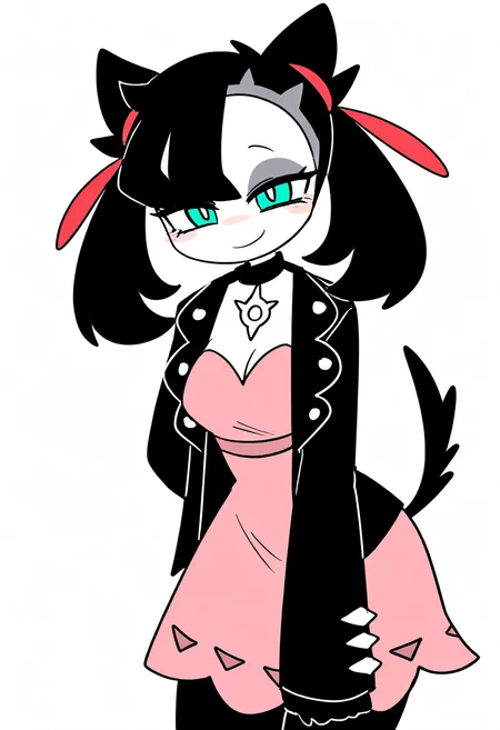masterpiece, best quality, medium breasts, (curvy), BREAK, zzMarnie, aqua eyes, black choker, red ribbon, pink dress, jewelry, black jacket, open clothes, long sleeves, <lora:MarniePokemon_NAI_v2:1.0>,smile, looking at viewer, cowboy shot, leaning forward, head tilt, <lora:ToonCAT_NAI:0.8>,