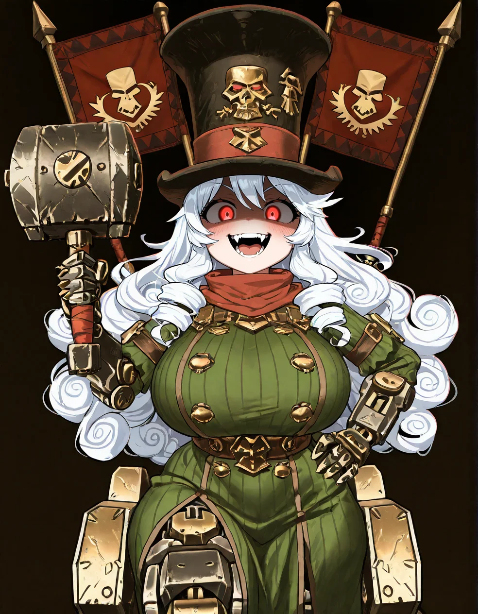 (2D,masterpiece,best quality,amazing quality,very aesthetic,high resolution,looking at viewer,ultra-detailed,1 girl,solo,source_anime,cute,huge_breasts,curvy,lovely,Simple black background), Astragoth Ironhand,top hat,flag,(holding Hammer:1.2),Iron hand,clothes,mecha,white hair,curly hair,long hair,Shortstack,one hand on hip,rape face, orgasm face, glowing red eyes, open smile, reverse_rape, open mouth,shaded face, scared face, yandere,fangs,blush,mechanical leg,<lora:Astragoth_Ironhand:1>, <lora:ValbunStyle-IL:0.6>