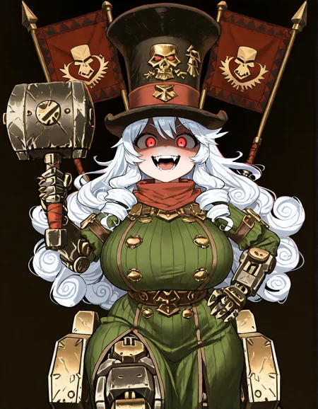 (2D,masterpiece,best quality,amazing quality,very aesthetic,high resolution,looking at viewer,ultra-detailed,1 girl,solo,source_anime,cute,huge_breasts,curvy,lovely,Simple black background), Astragoth Ironhand,top hat,flag,(holding Hammer:1.2),Iron hand,clothes,mecha,white hair,curly hair,long hair,Shortstack,one hand on hip,rape face, orgasm face, glowing red eyes, open smile, reverse_rape, open mouth,shaded face, scared face, yandere,fangs,blush,mechanical leg,<lora:Astragoth_Ironhand:1>, <lora:ValbunStyle-IL:0.6>