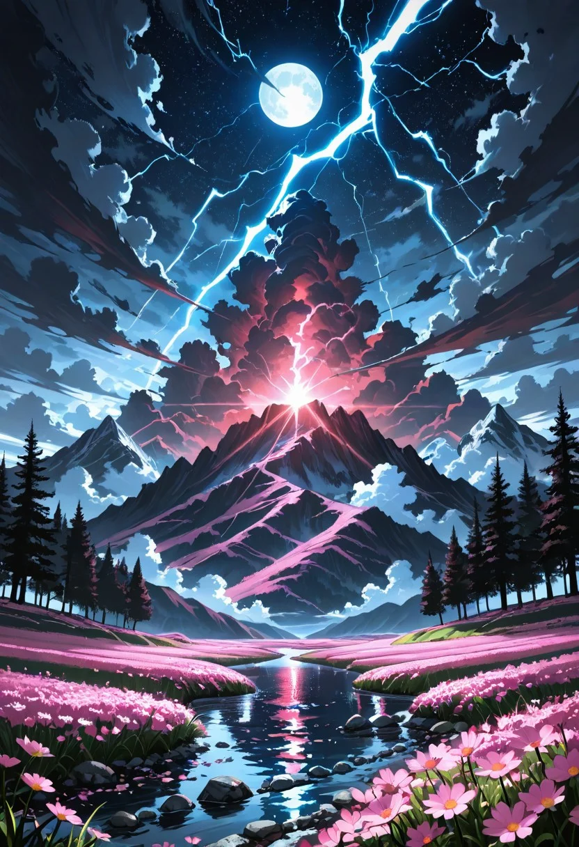 masterpiece, best quality, sky, cloud, water, tree, no_people, sunlight, grass, cloudy_sky, landscape, nature, pink_flower, light_rays, field, flower_field, lightning, meadow, A dramatic aerial scene depicting a field of pink cosmos flowers under a dramatic sky filled with dark, stormy clouds and lightning. The sky is filled with dramatic, ominous clouds and lightning from the sky creating a dramatic and tense atmosphere. The flowers are blooming, some are still in the process of blooming, The field stretches into the distance, several trees are visible in the background, the colors blend creating a sense of depth and dimension. flower, pink flower, tree, landscape, nature, grass, cloudy sky, pink flowers, lightning, outdoors, water, night, sunlight, cloudy_sky, night_sky, starry_sky, rock, mountain, road, sunbeam, planet, river, waves, coast, A stunning digital illustration, shot from below, of a dramatic landscape with a large, glowing planet and a river flowing through it, against a dark, stormy sky. Dramatic clouds and distant mountains in the distance. In the middle of the image, the rocky landscape appears barren, with a river flowing through it. The sky is filled with dark, ominous clouds and above the planet, a bright, glowing moon is visible, casting rays of light that create a dramatic effect. The water is calm and reflects the light of the moon, enhancing the dramatic atmosphere. solo, sky, cloud, water, no people, mountain, river, cloudy sky, meteor shower