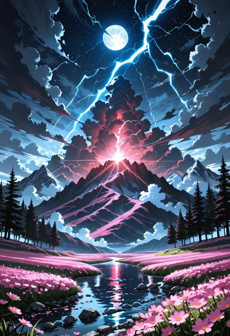 masterpiece, best quality, sky, cloud, water, tree, no_people, sunlight, grass, cloudy_sky, landscape, nature, pink_flower, light_rays, field, flower_field, lightning, meadow, A dramatic aerial scene depicting a field of pink cosmos flowers under a dramatic sky filled with dark, stormy clouds and lightning. The sky is filled with dramatic, ominous clouds and lightning from the sky creating a dramatic and tense atmosphere. The flowers are blooming, some are still in the process of blooming, The field stretches into the distance, several trees are visible in the background, the colors blend creating a sense of depth and dimension. flower, pink flower, tree, landscape, nature, grass, cloudy sky, pink flowers, lightning, outdoors, water, night, sunlight, cloudy_sky, night_sky, starry_sky, rock, mountain, road, sunbeam, planet, river, waves, coast, A stunning digital illustration, shot from below, of a dramatic landscape with a large, glowing planet and a river flowing through it, against a dark, stormy sky. Dramatic clouds and distant mountains in the distance. In the middle of the image, the rocky landscape appears barren, with a river flowing through it. The sky is filled with dark, ominous clouds and above the planet, a bright, glowing moon is visible, casting rays of light that create a dramatic effect. The water is calm and reflects the light of the moon, enhancing the dramatic atmosphere. solo, sky, cloud, water, no people, mountain, river, cloudy sky, meteor shower