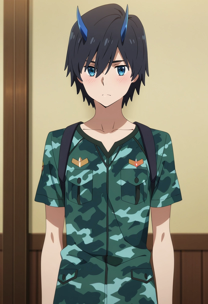 masterpiece, best quality, , anime screencap, anime coloring, official style, , 1boy, solo, male focus, <lora:hiro_franxx_ilxl:0.92>, hiro_franxx, black hair, blue eyes, bangs, blue horns, oni horns, , Nylon Blush Batik Quilted joggers, Camouflage shirt, , ,