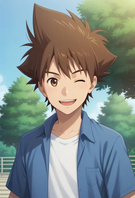 score_9, score_8_up, score_7_up, source_anime, highly detailed,
taikizu, 1boy, brown hair, male focus, one eye closed, shirt, solo, smile, open mouth, white shirt, open clothes,
upper body, looking at viewer, :d, blue shirt, short sleeves,
teeth, spiked hair, open shirt,
outdoor, sky, tree
