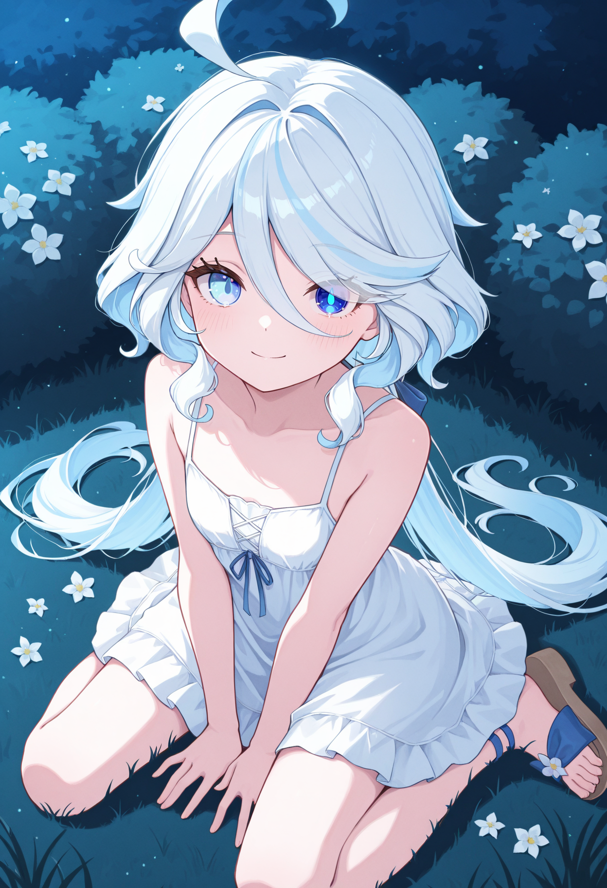 masterpiece, best quality, 1girl, solo, looking at viewer, fur1na, long hair, multicolored hair, light blue hair, white hair, cowlick, ahoge, hair between eyes, sundress, white dress, sleeveless dress, bare shoulders, outdoors, garden, night, bush, wariza, from above, w sitting, heterochromia, blue eyes, mismatched pupils, drop-shaped pupils, spaghetti strap, grass, flower, hand between legs, sandals, closed mouth, smile