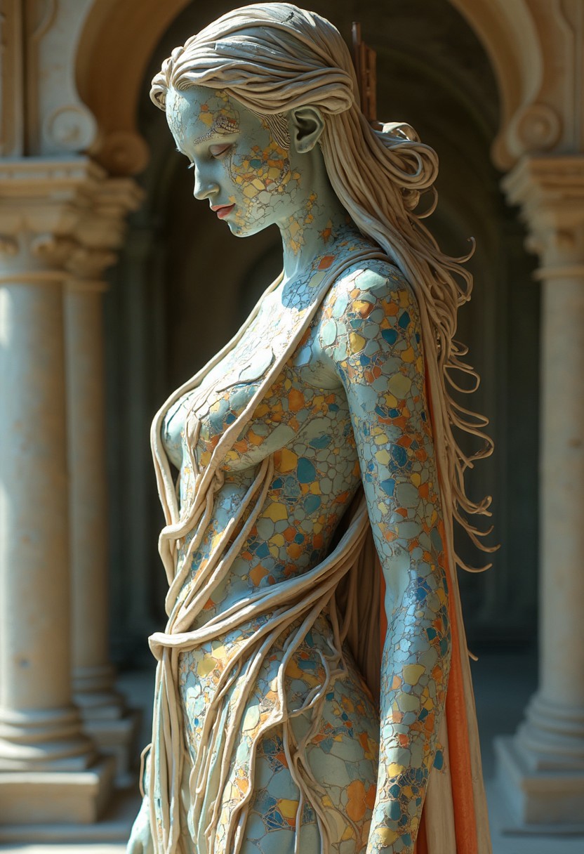 A hyper-realistic professional photo of a highly detailed depiction of a humanoid statue with organic, flowing designs. The statue wears elegant, flowing drapery made of mosaic-like tiles that seamlessly blend into its form. The drapery covers parts of the figure in an artistic, tasteful manner, with intricate patterns and nature-inspired textures. The colorful, fragmented tiles reflect light, creating a magical, shimmering effect. The statue's posture exudes both strength and serenity, framed by an ornate, surreal architectural backdrop that enhances the ethereal quality of the scene. The use of drapery and coverings balances artistic expression with modesty, ensuring the design remains visually captivating and refined