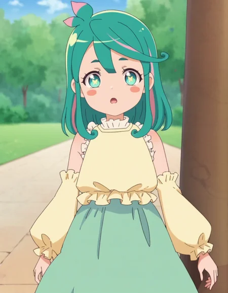 score_9, score_8_up, score_7_up, anime screencap, solo,1girl,hisui, skirt, looking at viewer, outdoors, detached sleeves, blush stickers, long hair, yellow shirt, tree, shirt, open mouth<lora:hisui_pony:0.8>
