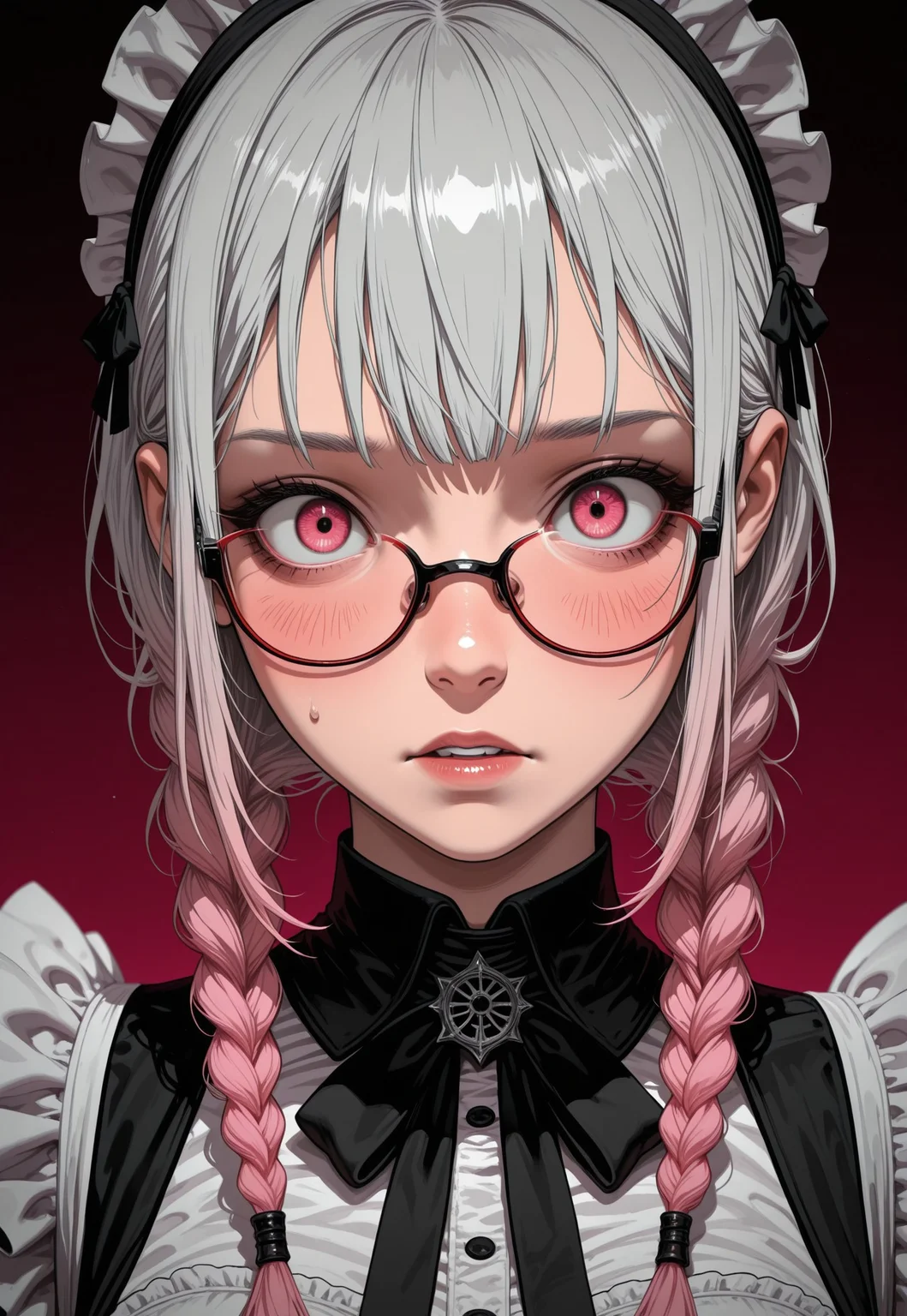 masterpiece, best quality, newest, highres, absurdres,no lineart, no outline, detailed, looking at viewer, 1girl, solo, chromatic aberration ,limited palette,tenebrism,close up, depth of field,blending,no lineart,no outlines,Sinozick_illu,gradient,spot color,M4gicalL1nes
Upper body, maid uniform, pink and yellow mixed braids, red rimmed glasses, surprised,shy