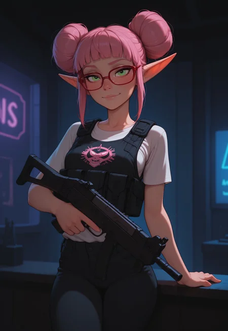 masterpiece, best quality, amazing quality, very aesthetic, DISNEY_ANIMATION, incoth, (incase:0.6), female, solo, (depth of field), indoors, nightclub, cyberpunk, night time, cowboy shot,
elf, pink hair, green eyes, cute face, slim, small breasts, double buns, blunt bangs, beautiful, kawaii, (small ears), (short ears),
tactical vest, red glasses, white t-shirt with logo, black jeans, submachine gun,
holding gun, dynamic pose, looking at viewer,