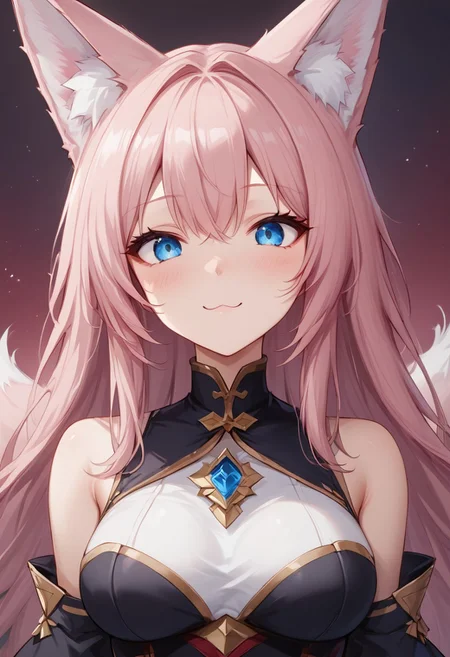 (masterpiece), (best quality), source_anime+, perfect anatomy, HD, 10k res, digital_media_(artwork) hi_res, intricate, high quality, amazing quality, Expressive Face, 
A fox girl with long pink hair and blue eyes, Drestoria-Style_V1, semi-realism, nose, Zyrnox-Exoterra Style