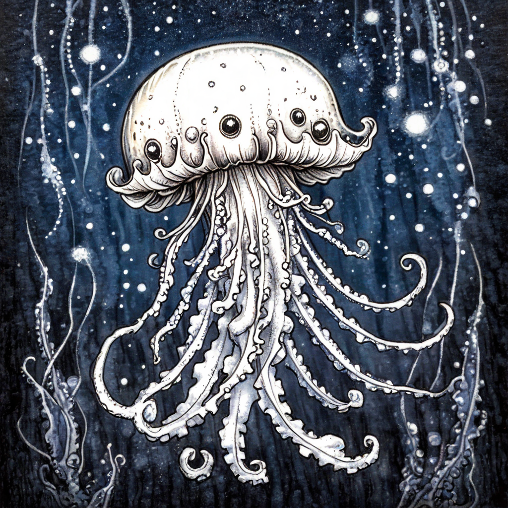 ArsMJStyle, Whimsical Mechanica, Line Drawing, The image is a black and white illustration of a jellyfish. The jellyfish has a round body with a flat top and long tentacles extending outwards from its body. The tentacles are long and slender with small dots scattered throughout. The body of the jellyfish appears to be covered in small bumps and ridges giving it a textured appearance. The background is a dark blue with small white dots scattered across it creating a starry night sky. The overall mood of the image is peaceful and serene., no humans, tentacles, traditional media, jellyfish, monster, monochrome, full body  <lora:Whimsical_Mechanica_Line_DrawingSDXL:1>