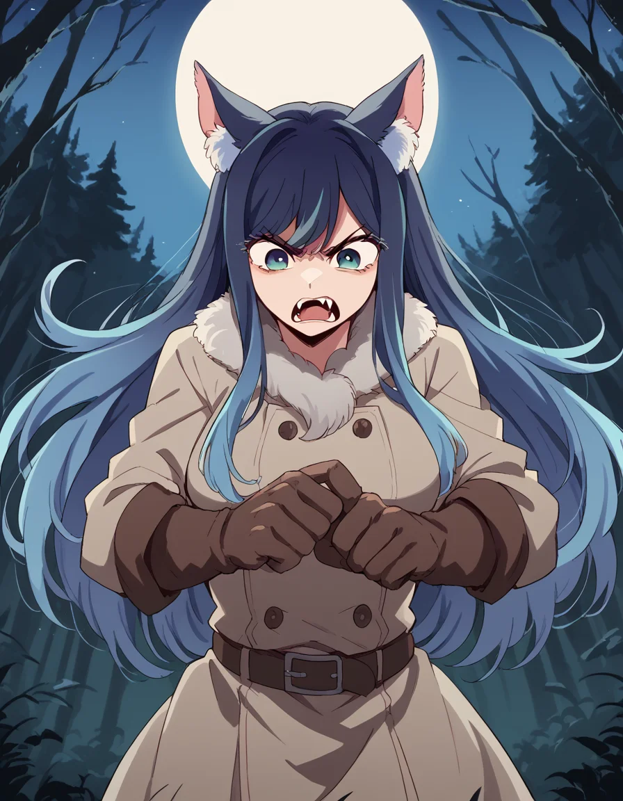 score_9, score_8_up, score_7_up, source_anime, <lora:akane-kurokawa-s2-ponyxl-lora-nochekaiser:1>, akane kurokawa, long hair, bangs, blue eyes, large breasts, black hair, blue hair, multicolored hair, gradient hair,, <lora:werewolf-ponyxl-lora-nochekaiser:1>, werewolf, furry, fangs, animal ears, gloves, angry, teeth, animal ear fluff,, forest, night, moon, open mouth,, cowboy shot