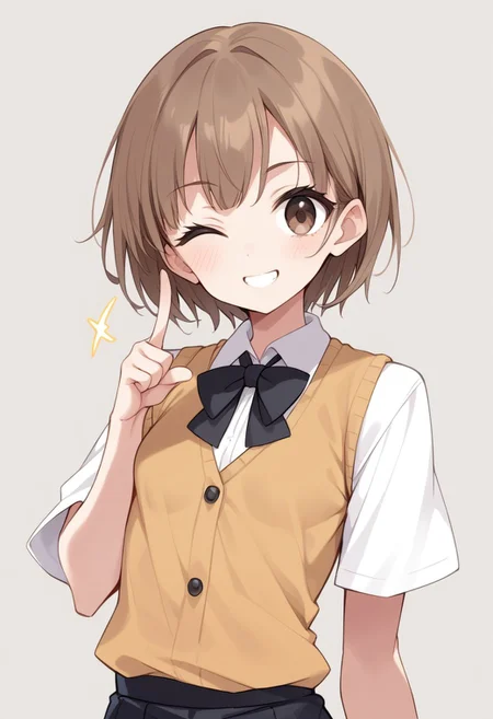 score_9, score_8_up, score_7_up, score_6_up, 1girl, solo, brown_hair, brown_eyes, small_breasts, light_brown_skin, safety_vest, wink, pointing, short_hair, petite, slim