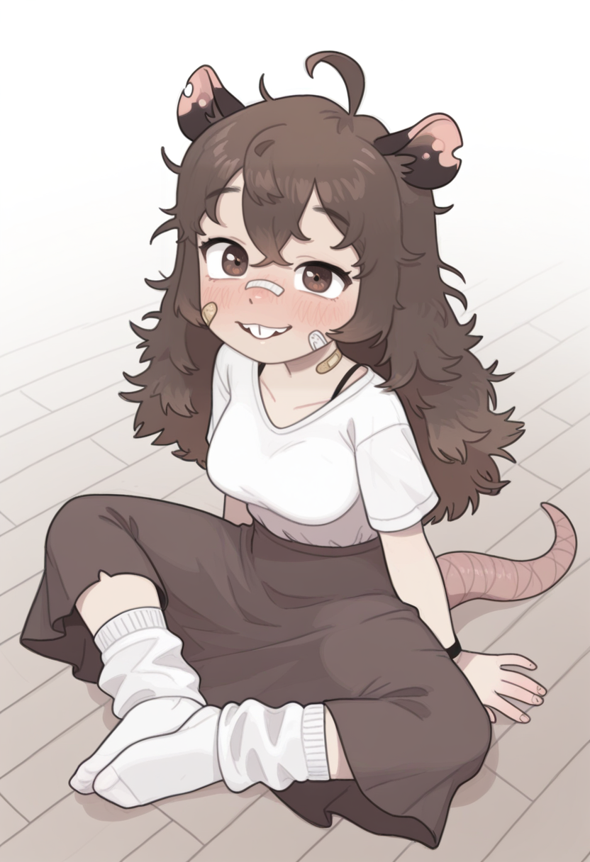 1girl, solo, best quality, masterpiece,
 <lora:PossumMachine-Illustrious:1> possmach, long hair, brown hair, brown eyes, possum ears, possum tail, messy hair, white shirt, long skirt, loose socks, no shoes, buck teeth, bandage on face, bandaid on face, ahoge, sitting on floor,
looking at viewer, from above, grin, nose blush, medium breasts, adult,