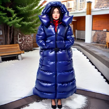 full body shot of one front very cute  realistic stuning asian blond very curvy women wearing a blue ((extra_puffy_adjusted_full_closed_coat)) ((floor_length_coat)) ((puffy_straitjacket))((extra_puffy_hood)) ((closed_hood))  ((fully_puffy_hooded)) ((very_high_puffy_collar)) ((down_mits))((down_boots)) 
,slim downcoat,closed coat,
long_legs, long_sleeves,  dress, high_neckbrace, lips, hand_fan, dress, city, street, winter, snow, walking, daytime, sun, sunlight,realistic_up_hood
<lora:Puffer_Jacket_and_Down_Jacket_-_Extra_Puffy_Jackets:0.9>
 <lora:VictorianBustleDress:0.6><Lora:Parkasite-XL:1.0