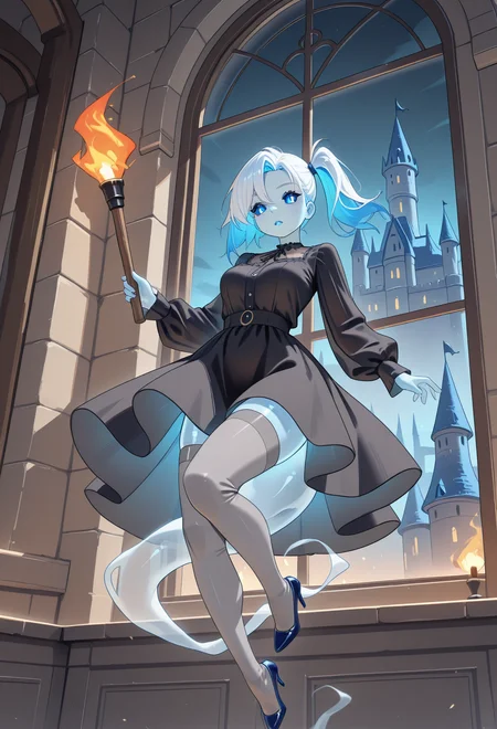 masterpiece, best quality, absurdres,
ph4nny, midair, ghost tail,
grey thighhighs, black dress, blue_pumps,
castle, torch, window, night,