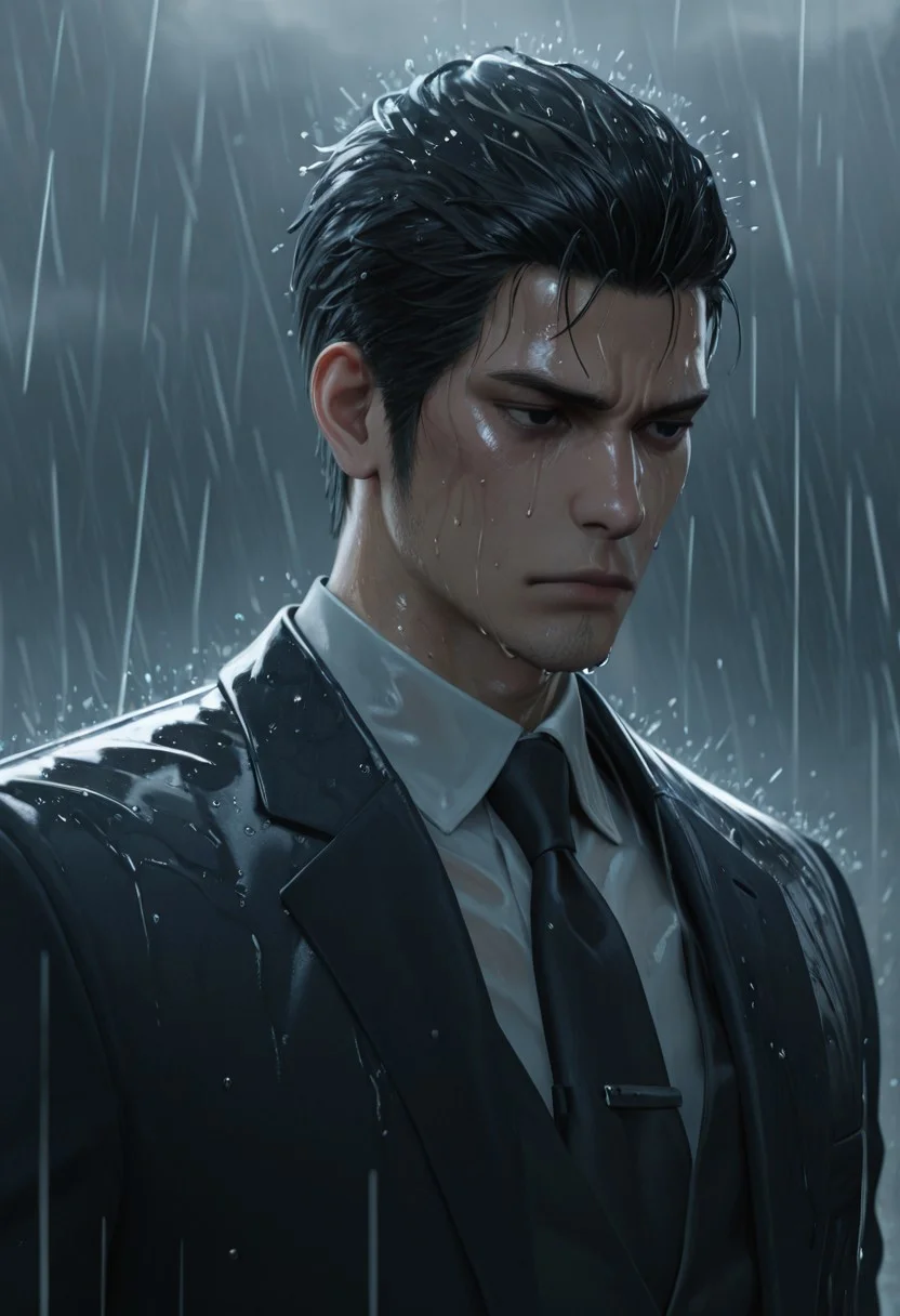 masterpiece, best quality, amazing quality, absurdres, newest, detailed background, definition so sharp, Ultra-HD, 8K cinematic, very awa, impressionate, amazing quality, highres, realistic,
solo, male focus, manly, gloomy, rain, wet, cloudy,
kiryuchan, kiryuchan_black hair, kiryuchan_black eyes, 1boy, solo, male focus, short hair, facial hair, sideburns, formal, white collared shirt, black blazer, black tie, serious face, sad face