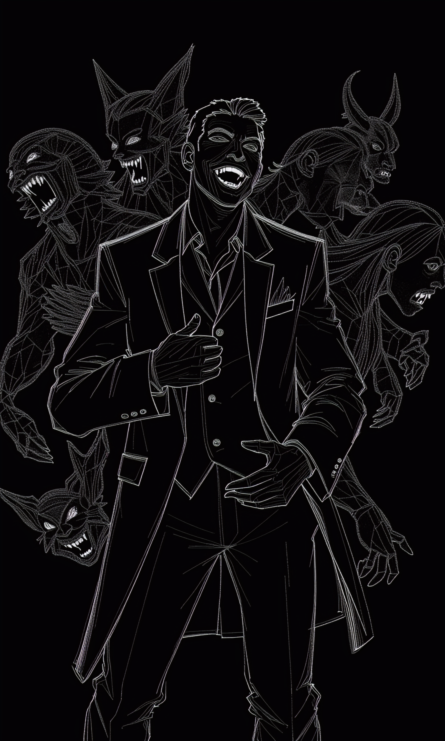GraphitStyle, Create a minimalist line-art illustration of a man in a suit, surrounded by grotesque and monstrous figures. Use clean, sharp white lines on a solid black background to outline the man's exaggerated expression, laughing with his hand on his chest, as well as the chaotic, swirling forms of the surrounding demons. Focus on the contrast between the man's calm, composed posture and the wild, menacing energy of the creatures around him.

The man's suit is drawn with smooth, crisp lines, while the monsters are depicted with more dynamic, angular strokes to suggest their distorted features—sharp teeth, horns, and snarling faces. Each creature is unique, but drawn with minimalist, abstract details to convey their grotesque forms without overwhelming the composition.

The background remains completely black, emphasizing the contrast between the central figure and the surrounding chaos. The overall mood is surreal and unsettling, with the minimalist line-art style heightening the tension between order (the man) and chaos (the demons).