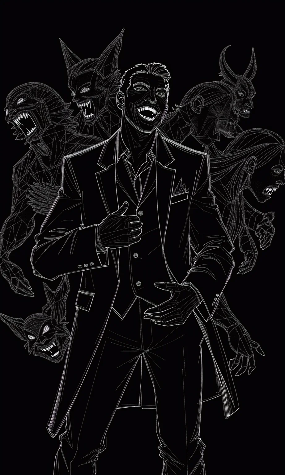GraphitStyle, Create a minimalist line-art illustration of a man in a suit, surrounded by grotesque and monstrous figures. Use clean, sharp white lines on a solid black background to outline the man's exaggerated expression, laughing with his hand on his chest, as well as the chaotic, swirling forms of the surrounding demons. Focus on the contrast between the man's calm, composed posture and the wild, menacing energy of the creatures around him.

The man's suit is drawn with smooth, crisp lines, while the monsters are depicted with more dynamic, angular strokes to suggest their distorted features—sharp teeth, horns, and snarling faces. Each creature is unique, but drawn with minimalist, abstract details to convey their grotesque forms without overwhelming the composition.

The background remains completely black, emphasizing the contrast between the central figure and the surrounding chaos. The overall mood is surreal and unsettling, with the minimalist line-art style heightening the tension between order (the man) and chaos (the demons).