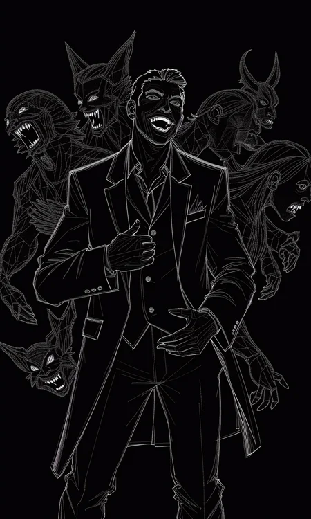 GraphitStyle, Create a minimalist line-art illustration of a man in a suit, surrounded by grotesque and monstrous figures. Use clean, sharp white lines on a solid black background to outline the man's exaggerated expression, laughing with his hand on his chest, as well as the chaotic, swirling forms of the surrounding demons. Focus on the contrast between the man's calm, composed posture and the wild, menacing energy of the creatures around him.

The man's suit is drawn with smooth, crisp lines, while the monsters are depicted with more dynamic, angular strokes to suggest their distorted features—sharp teeth, horns, and snarling faces. Each creature is unique, but drawn with minimalist, abstract details to convey their grotesque forms without overwhelming the composition.

The background remains completely black, emphasizing the contrast between the central figure and the surrounding chaos. The overall mood is surreal and unsettling, with the minimalist line-art style heightening the tension between order (the man) and chaos (the demons).