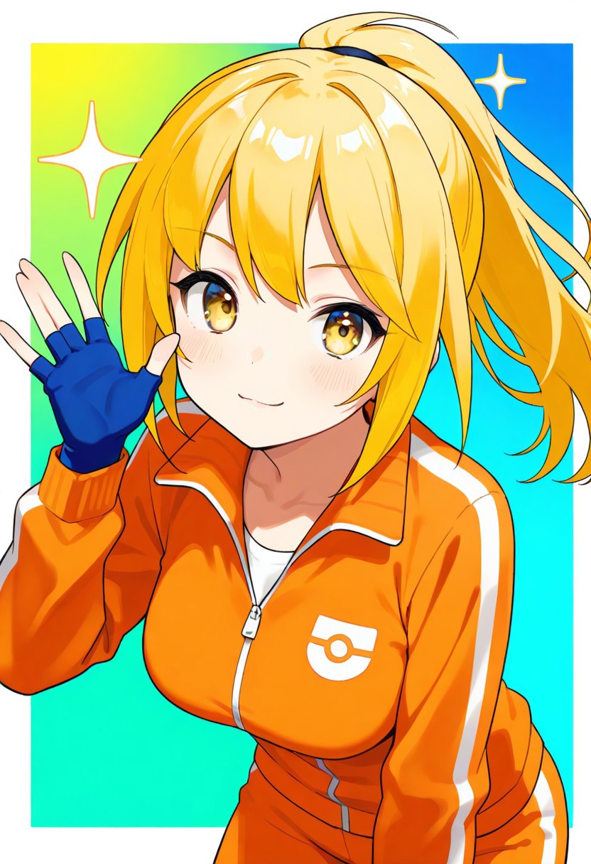 2d, masterpiece, best quality, amazing quality, 1girl, solo, close-up, standing, smile, upper body, leaning_forward, looking at viewer, multicolored background, sparkle, gradient background, colorful background, green background, blue background, bdspbattlegirl, yellow eyes, blonde hair, long hair, ponytail, collarbone, track jacket, orange track jacket, orange shorts, fingerless gloves, blue gloves