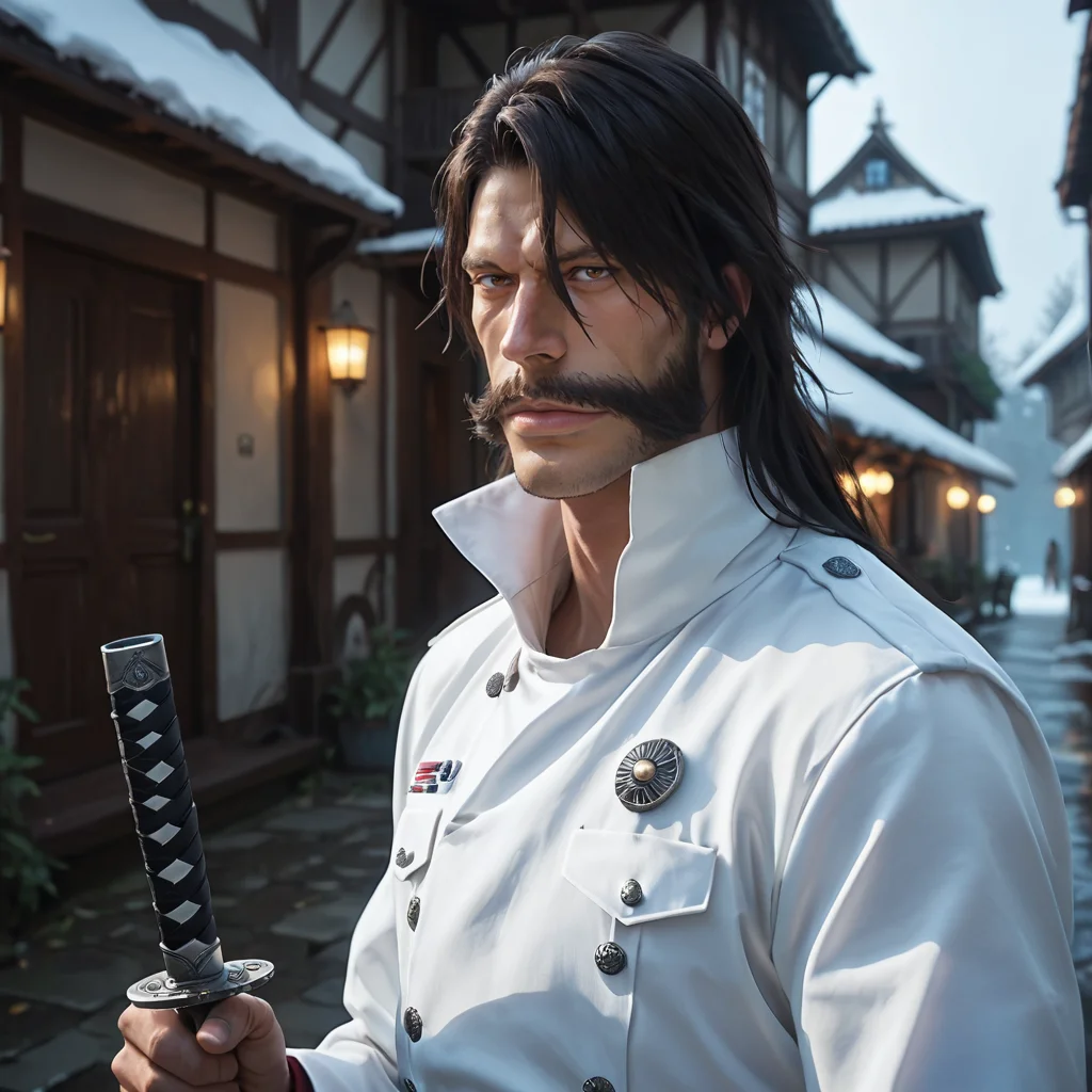 score_9, score_8_up, score_7_up, score_6_up, score_5_up, score_4_up, masterpiece, high quality, detailed
1man, long black hair, dark brown hair, huge mustache, pronounced cheekbones, long nose, thin eyebrows, white boots, brown eyes, maroon-black cloak, broad chin, white uniform, close-up, upper body, <lora:yhwach:1> looking to the side, moonlight, stars, mysterious, dark, holding a sword , weapon, village , walking, heavy snow