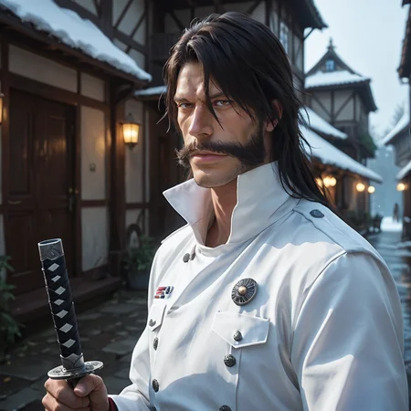 score_9, score_8_up, score_7_up, score_6_up, score_5_up, score_4_up, masterpiece, high quality, detailed
1man, long black hair, dark brown hair, huge mustache, pronounced cheekbones, long nose, thin eyebrows, white boots, brown eyes, maroon-black cloak, broad chin, white uniform, close-up, upper body, <lora:yhwach:1> looking to the side, moonlight, stars, mysterious, dark, holding a sword , weapon, village , walking, heavy snow