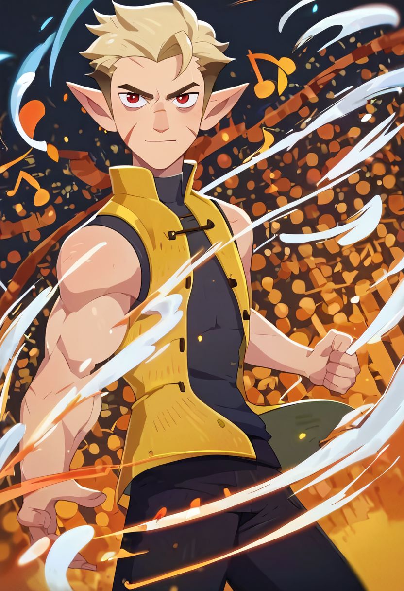 score_9, score_8_up, score_7_up, source_anime, hunter toh, red eyes, bags under eyes, pointy ears, sideburns, scar on cheek, two-tone hair, blonde hair, black shirt, muscular, yellow vest, buttons, black pants, AFKJourneyXLP, musical note, epic pose, annoyed expression, bright pupils, particles around, splash art, looking at viewer, cowboy shot, dynamic pose, smile, wide shot, solo, dutch angle, detailed background,