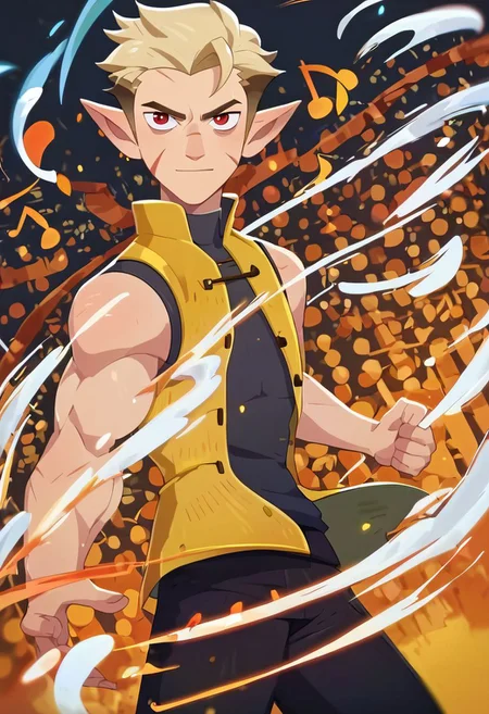 score_9, score_8_up, score_7_up, source_anime, hunter toh, red eyes, bags under eyes, pointy ears, sideburns, scar on cheek, two-tone hair, blonde hair, black shirt, muscular, yellow vest, buttons, black pants, AFKJourneyXLP, musical note, epic pose, annoyed expression, bright pupils, particles around, splash art, looking at viewer, cowboy shot, dynamic pose, smile, wide shot, solo, dutch angle, detailed background,
