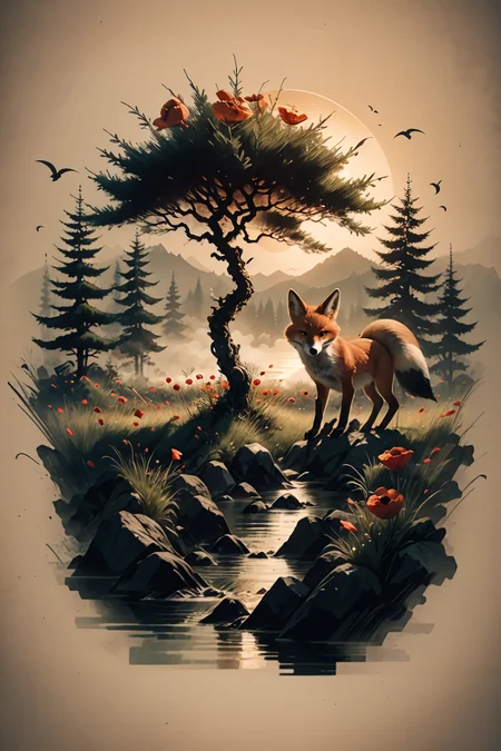 <lora:Calligraphy-ink-style-darquelilly-v1:1> calligraphyinkstyle, baby foxes, poppies, a huge field with fir trees, volumetric lighting, night time, moonlight, black background, <lora:dAIversity-LoRAtest-Photoreal-SD15-01:0.7>