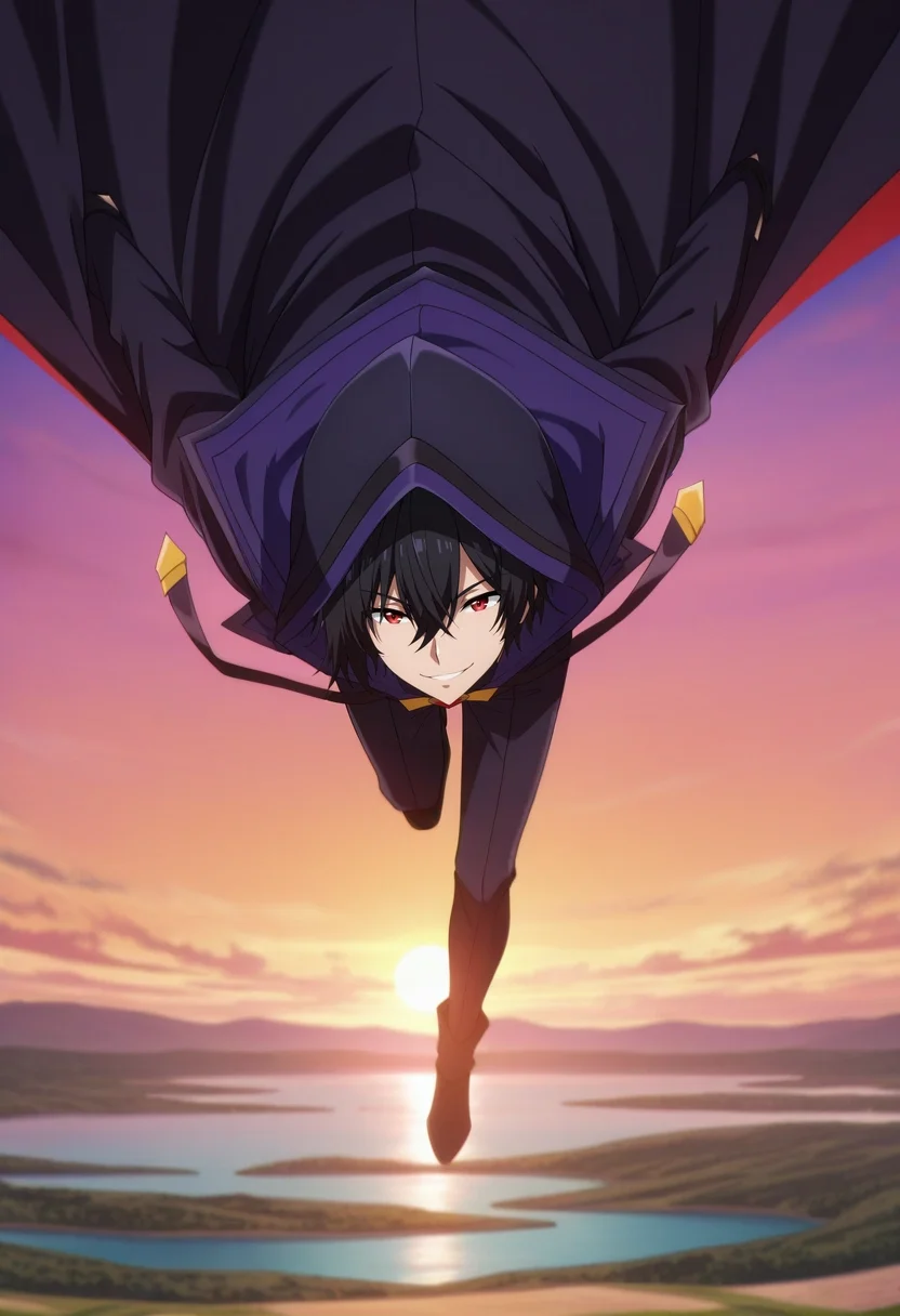 masterpiece, best quality, , anime screencap, anime coloring, ,, 1boy, solo, male focus, <lora:cid_kagenou_ilxl:0.98>, cid_kagenou, black hair, short hair, hair between eyes, bangs, red eyes, cloak, hood, hood up, panorama, lake city, dusk, jumping, naughty smile, funny costume