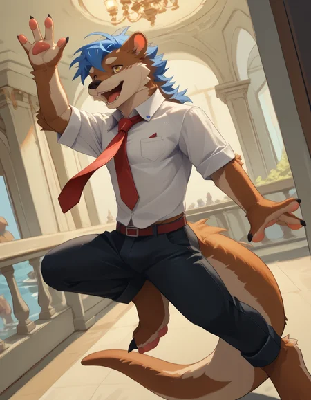 score_9, score_8_up, score_7_up, rating_safe, detailed, <lora:add-detail-xl:2.5>, anthro, furry, dutch angle, high quality, hires, detailed background, easynegative, pose, <lora:Viosgit_style.safetensors:1.4>, (by viosgit:1.4), <lora:ottis_the_otter_v1-09.safetensors:0.7> ott1s_the_0tter, (otter:1.1), male focus, clothing, joy, smile, open mouth, blue hair, shirt, pants, (red necktie:1.1), happy, yellow eyes