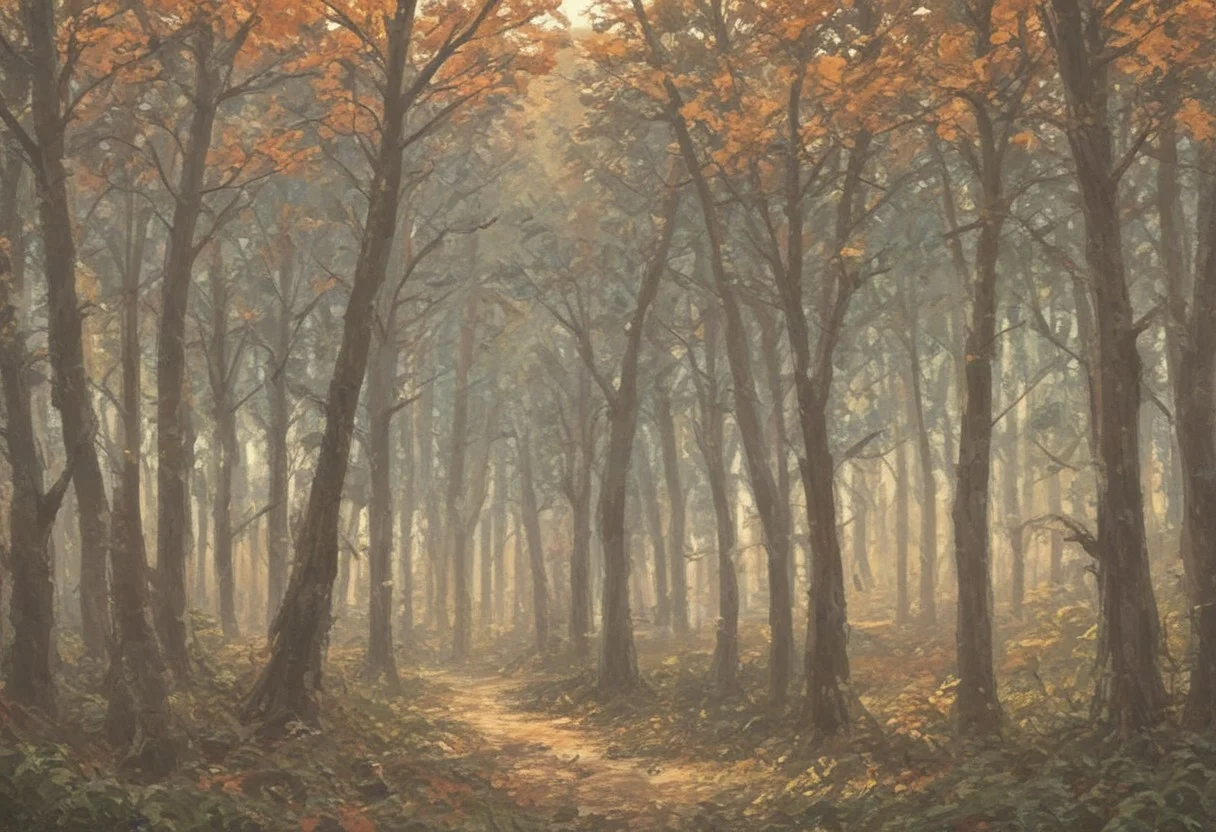 score_9, score_8_up, score_7_up, score_6_up, lanscape, very Peaceful, forest, large and tall trees, giant forest, sunset central focus is an ancient old oak tree