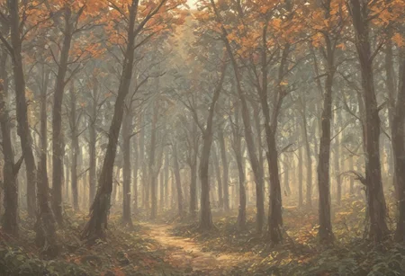 score_9, score_8_up, score_7_up, score_6_up, lanscape, very Peaceful, forest, large and tall trees, giant forest, sunset central focus is an ancient old oak tree