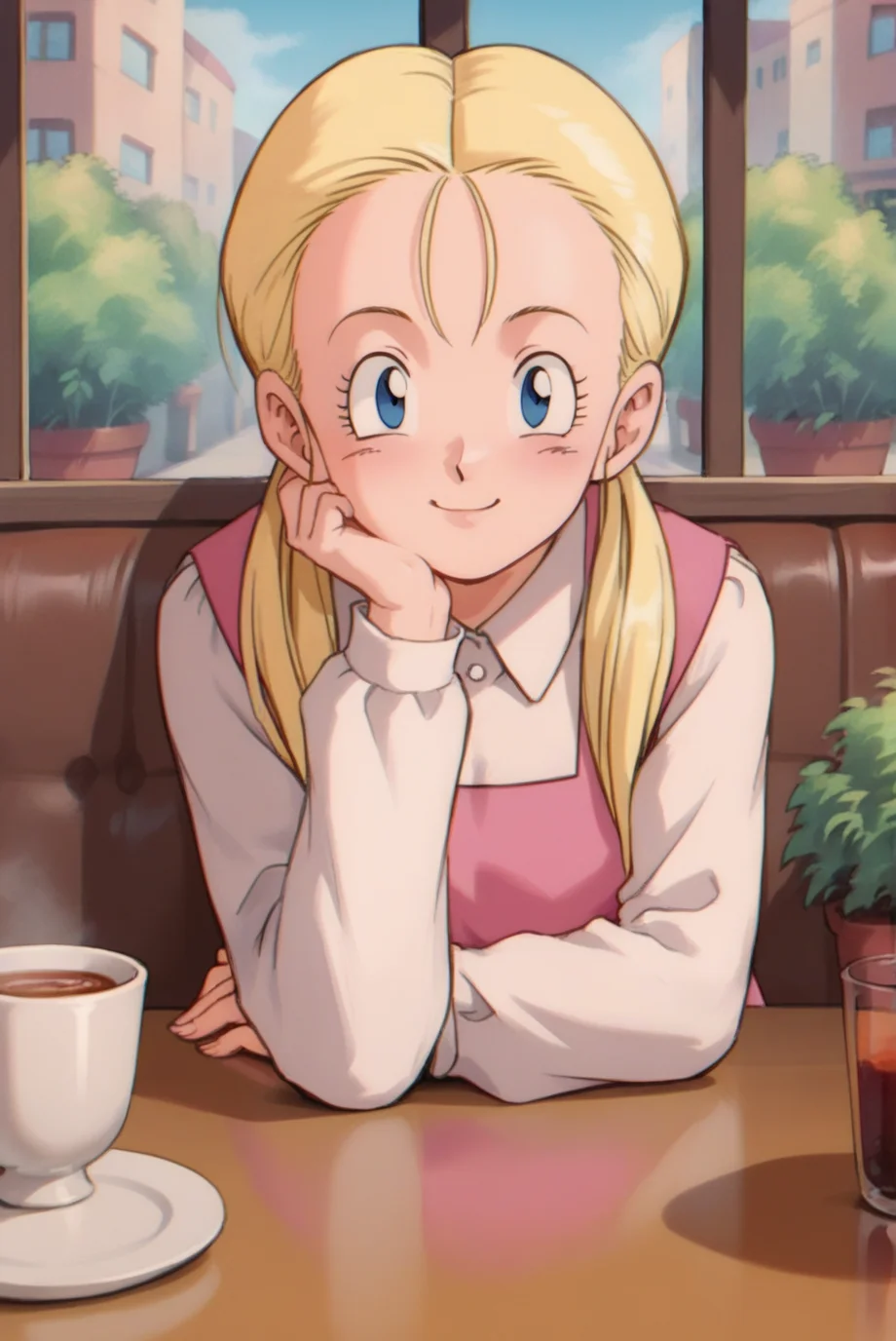 score_9, score_8_up, score_7_up, score_6_up, score_5_up, score_4_up, BREAK source_anime, 1girl, solo,
<lora:HarronXL-v1-07:0.7>, ChopioHarron, long hair, blue eyes, blonde hair, twintails, hair tie, hair over shoulders, looking at viewer,
retro artstyle,
outfit_1, pink dress, sleeveless dress, collared shirt, long sleeves,
cafe, window, potted plant, table, head rest,
sitting, smile,