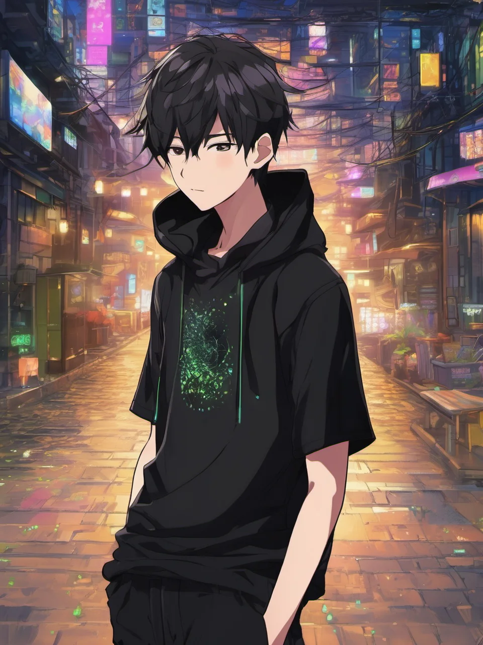 anime artwork  <lora:Choi_Kang-rim_v1.14:0.8>, a young boy Choi Kang-rim, black hair, detailed green eyes with black pupil, complex background, dystopia, full shot, (wearing a black tank top and long black pants), 8k, uhd, (masterpiece, best quality, ultra-detailed, best shadow), black pants, short sleeves, (detailed background,dark fantasy), depth of field, black light particles, symbol-shaped_pupils, 12 years old, black cloak, (scar on the face), male . anime style, key visual, vibrant, studio anime,  highly detailed