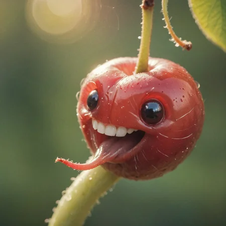 A Tony Smiling cute worm looking Out of a ripe Cherry, macro Closeup, limited dark palette, vibrant colors, faded, atmospheric haze, highly dramatic cinematic lighting, motion blur, film grain, professional, excellent composition, finest details, maximized details, ultimate detail level, masterpiece, best quality, ISO 300, 1/250s, F/2,8, 38 mm, extremely high quality RAW photograph, 4k, sharp focus, high resolution, 8k UHD, DSLR, high quality, film grain, Fujifilm XT3