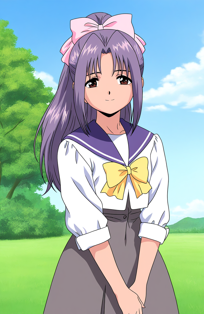 general,highres, game cg, ultra-detailed,very aesthetic,best quality ,best hands,  BREAK <lora:koigakubo_Momoko_IS:1> anime coloring,
koigakubo_Momoko, purple hair, long hair, hair bow, brown eyes, ponytail, pink bow, 1girl, solo, school uniform, Yellow bow,  v arms,
smile,looking at viewer, cowboy_Shot, gray skirt, under body,
grass, blue sky,
