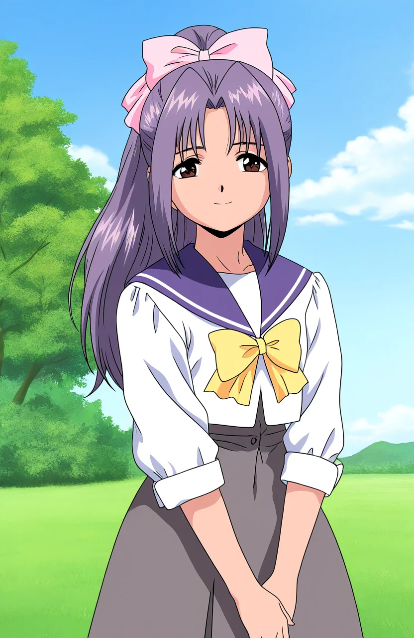 general,highres, game cg, ultra-detailed,very aesthetic,best quality ,best hands, BREAK <lora:koigakubo_Momoko_IS:1> anime coloring,
koigakubo_Momoko, purple hair, long hair, hair bow, brown eyes, ponytail, pink bow, 1girl, solo, school uniform, Yellow bow, v arms,
smile,looking at viewer, cowboy_Shot, gray skirt, under body,
grass, blue sky,