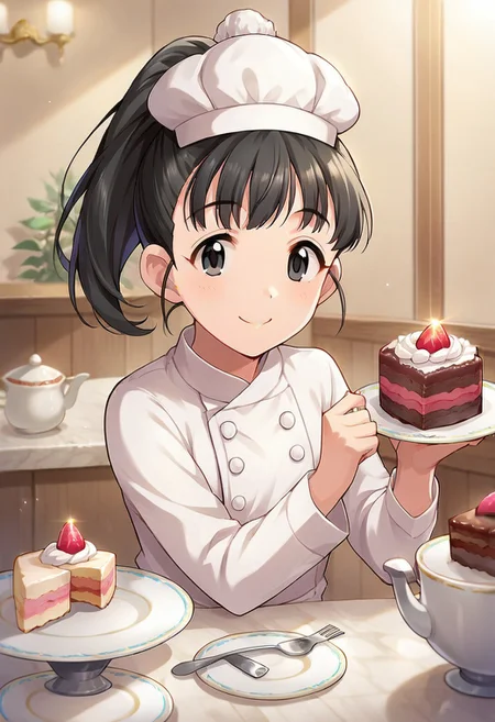 score_9, score_8_up, score_7_up, source_anime,fukuyama mai, black hair, black eyes, ponytail, 1girl, chef hat, hat, food, solo, smile, chef, cake