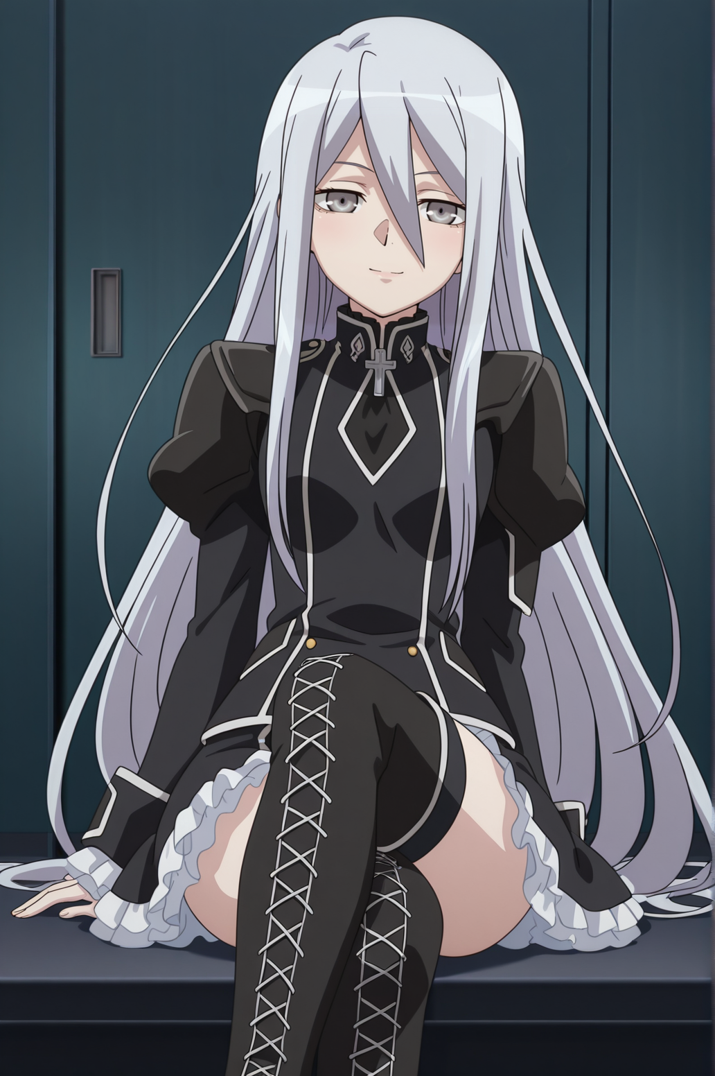 masterpiece, best quality, absurdres, highres, source anime, very aesthetic, very awa, BREAK, anime coloring, anime screencap,
<lora:felli_loss_v2-illustrious:1>,1girl, felli loss, koukaku no regios, grey eyes, grey hair, 
black military uniform, puffy sleeves, frilled sleeves, frilled skirt, long sleeves, lace-up boots, cross-laced footwear, thigh boots, 
BREAK, looking at viewer, light smile, 
BREAK,