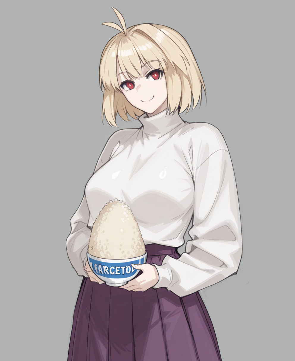 <lora:jonyeld:1> jonyeld,
(masterpiece), (best quality), (ultra-detailed), amazing quality, very aesthetic, illustration, perfect composition, intricate details, absurdres, incredibly absurdres, shiny skin, realistic,
 jonyeld, arcueid brunestud, purple skirt, solo, skirt, 1girl, blonde hair, red eyes, smile, short hair, sweater, white sweater, grey background, long sleeves, looking at viewer, turtleneck, simple background, antenna hair, breasts, food, , closed mouth, rice, pleated skirt, turtleneck sweater, arcueid brunestud, general