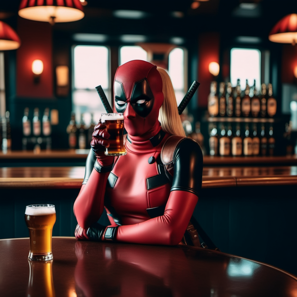 cinematic photo full body portrait lady deadpool, blond hair, ponytail, mask, body suit, having a beer in a pub<lora:LDP1024:0.8> . 35mm photograph, film, bokeh, professional, 4k, highly detailed