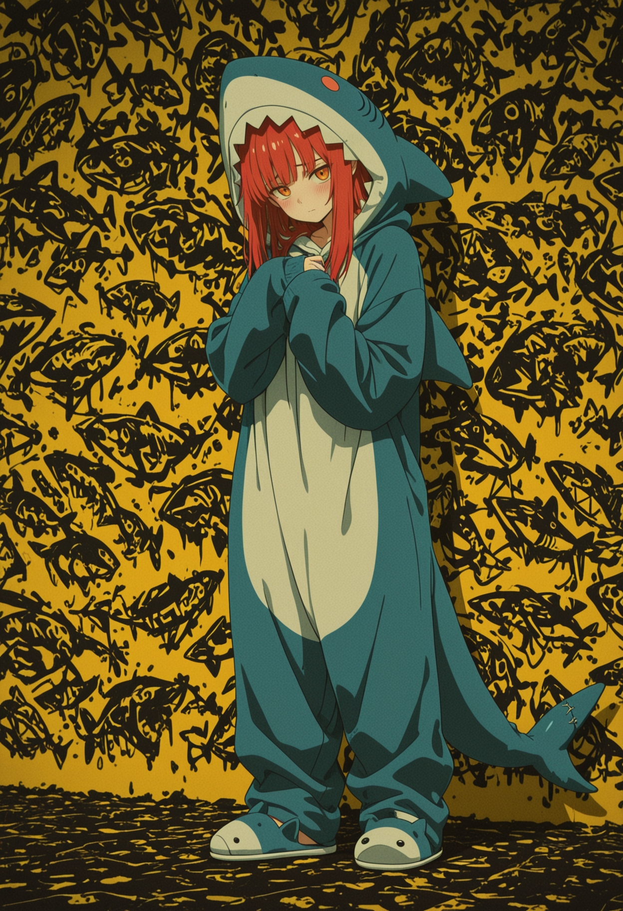 masterpiece, best quality, (anime coloring:1.3),
solo, 1girl, long hair, straight hair, red hair, orange eyes, detailed eyes, blue kigurumi, shark kigurumi, animal costume, onesie, tail, shark slippers, shy, tilted head, standing, looking at viewer, sharp print background, yellow background,