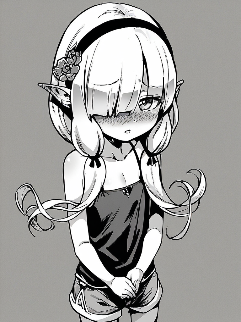 score_9, score_8_up, score_7_up,  
1girl, monochrome, miana nm, pointy ears, low twintails, white hair, hair over one eye, hairband, flat chest, hair over shoulder,

black camisole, short shorts, standing, nose blush, shy, parted lips, looking at viewer,

