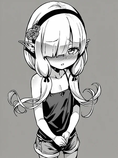 score_9, score_8_up, score_7_up,  
1girl, monochrome, miana nm, pointy ears, low twintails, white hair, hair over one eye, hairband, flat chest, hair over shoulder,

black camisole, short shorts, standing, nose blush, shy, parted lips, looking at viewer,

