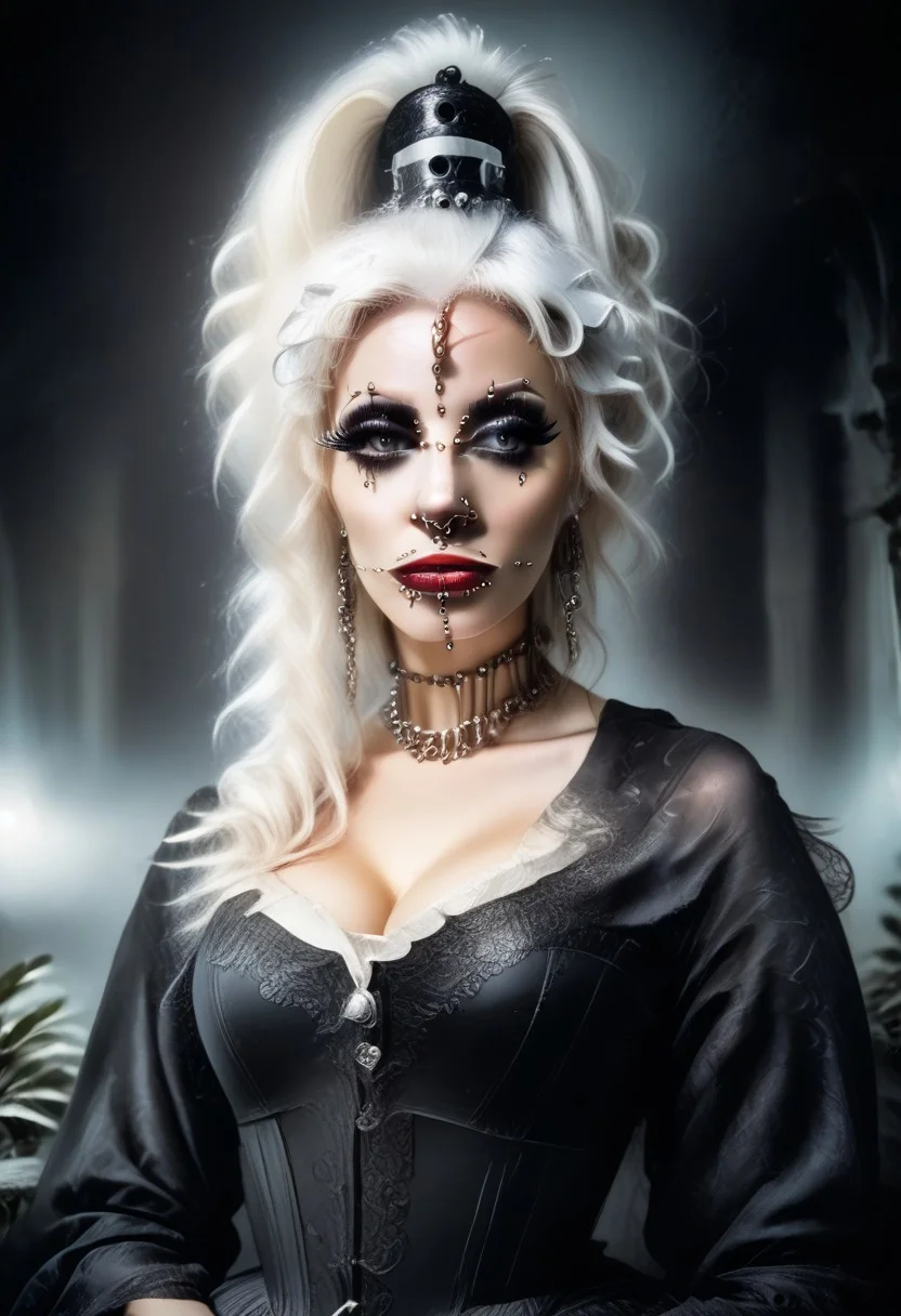 score_9, score_8_up, score_7_up, rating_safe, concept art, realistic, dark theme, low light, dvr-gs, Fixhand.
1girl, solo, Lush white hair, blue eyes. Sexy makeup.
(Big breast:1.2), (Round breast:1.2).
((ExtrFacePiercing:1.8)).
((latexHood)), ponytailHair.