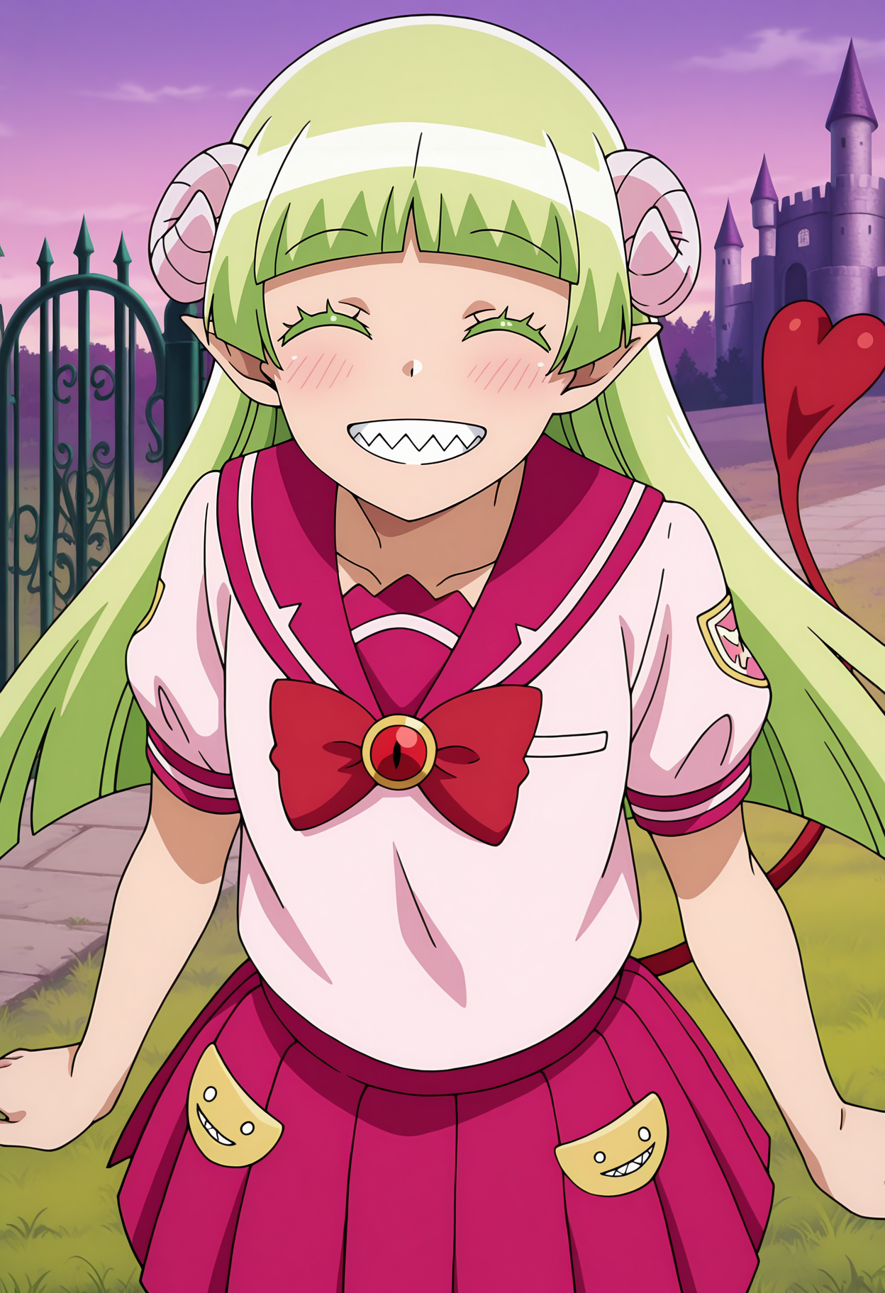 anime screencap, masterpiece, best quality,
<lora:MairimashitaIruma-Kun_ValacClara_IlluXL:0.9>,
1girl, solo, open mouth, clenched teeth, smile, sharp teeth, ^ ^, blush,
blunt bangs, long hair, green hair, closed eyes, pointy ears, curled horns, colored eyelashes, demon tail,
pink sailor collar, red bowtie, white shirt, puffy short sleeves, pleated skirt, pocket, pink skirt,
arms at sides, looking at viewer, from above,
outdoors, purple sky, grass, gate, castle