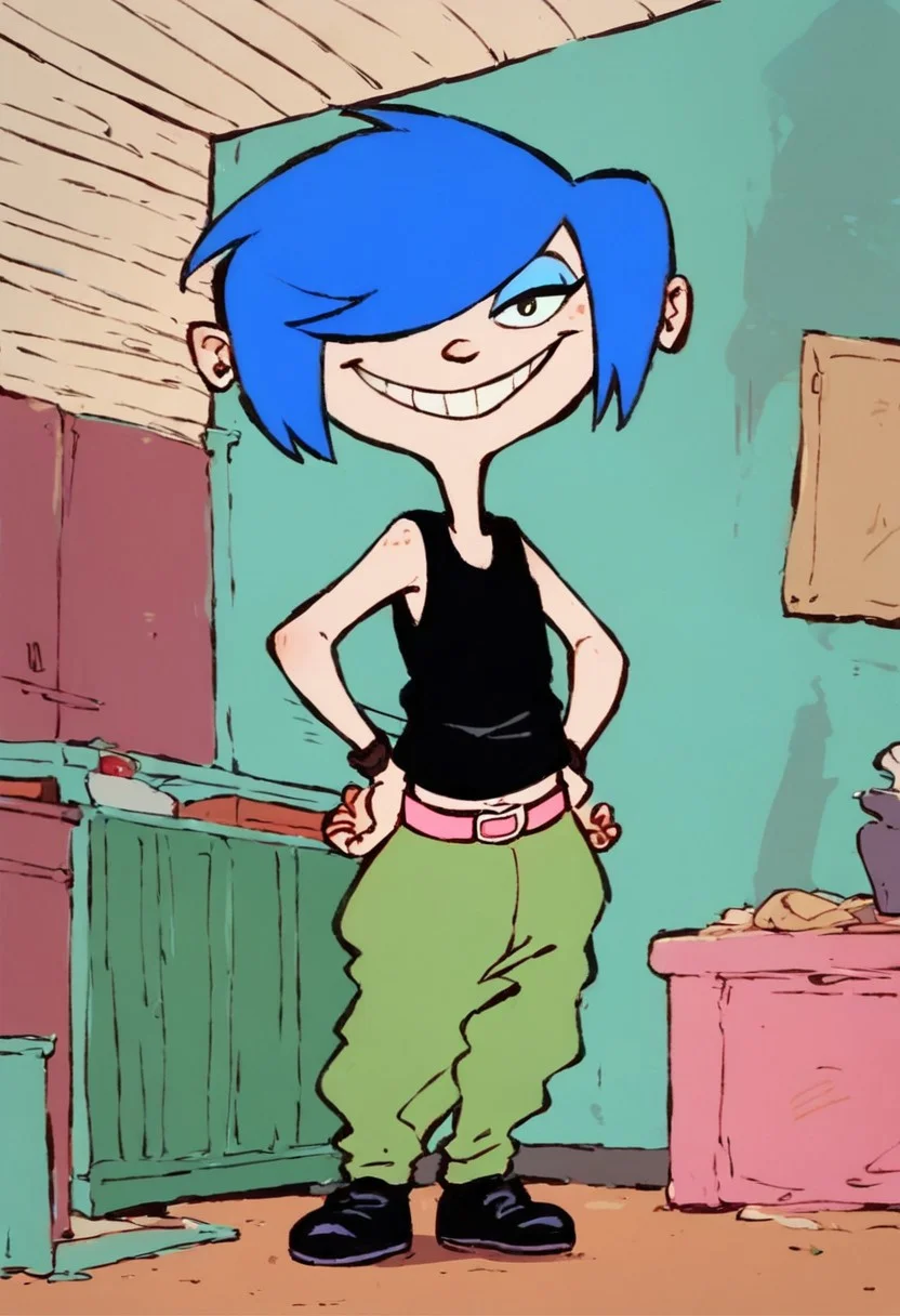 score_9, score_8_up, score_7_up, 1girl, solo, m4rie k4nker, blue hair, hair over one eye, eyeshadow, black tank top, pink belt, green pants, black shoes, full body, smile, hands on hips, looking at viewer, indoors